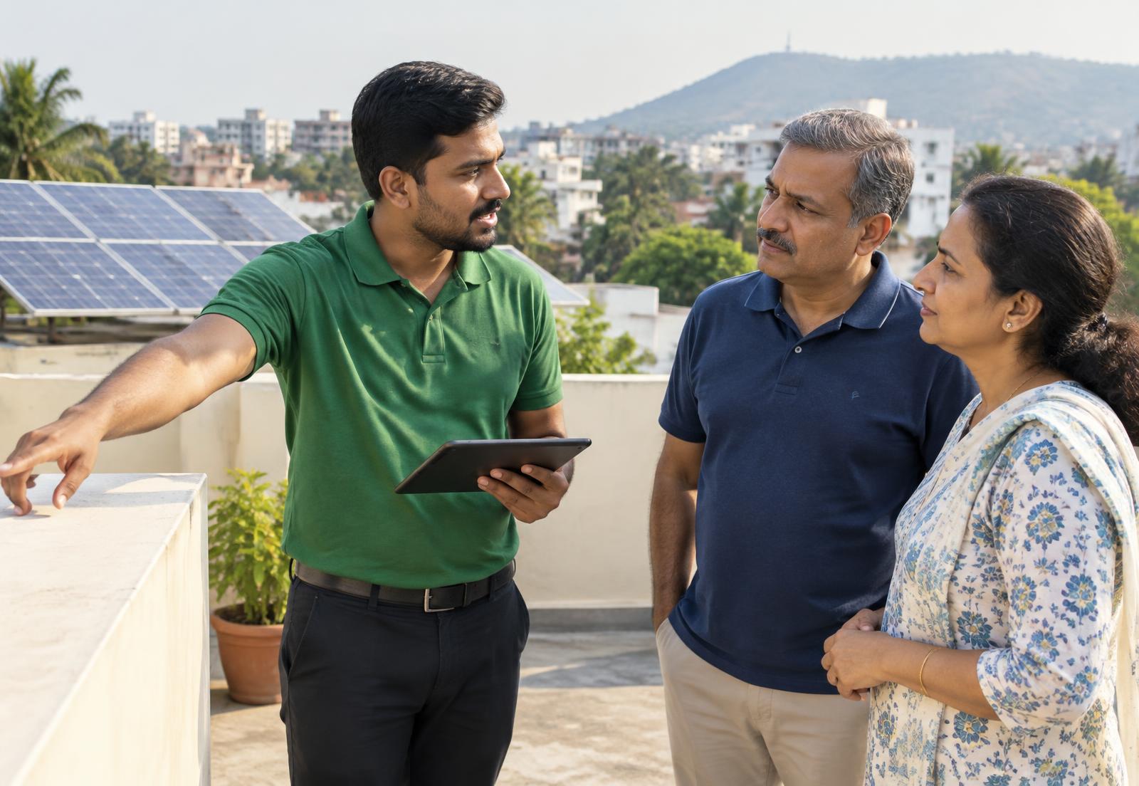 An Elaro specialist showing a Pune couple where panels could go on their terrace